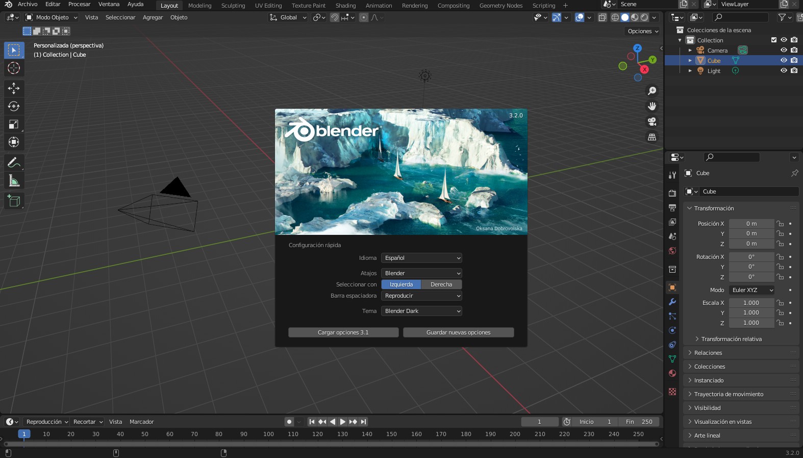 Captura d’arxiu de Blender 3.2 en castellà, amb la pantalla de benvinguda i les eines de modelatge.