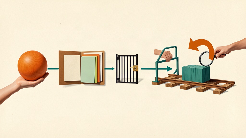 Il·lustració conceptual del flux d’agents: mà responsable, carpeta de context, porta amb clau per als permisos, revisió humana i fletxa de reversió sobre una via.