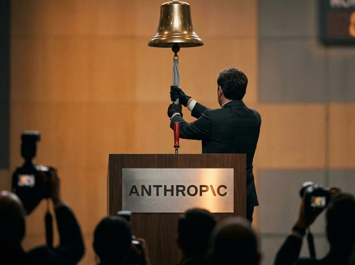 Una figura toca la campana de apertura bursátil con una mano y tira de un freno de emergencia con la otra; el podio lleva grabado el nombre de Anthropic.