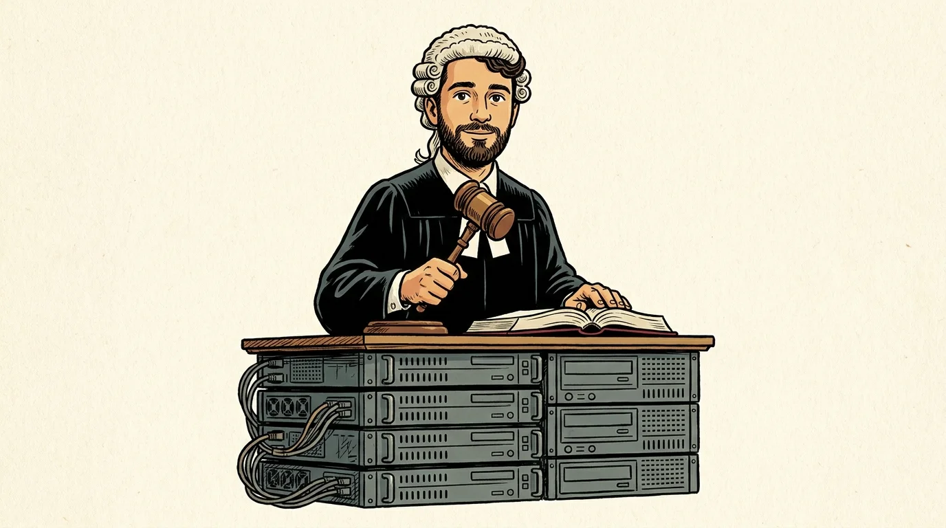 Ilustración: un juez con peluca y mazo preside desde un estrado hecho con una pila de servidores de rack.
