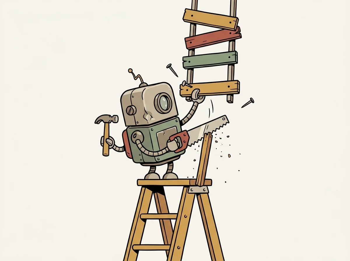 Ilustración: un robot tacha una caja de su propio diagrama de método y la reescribe.