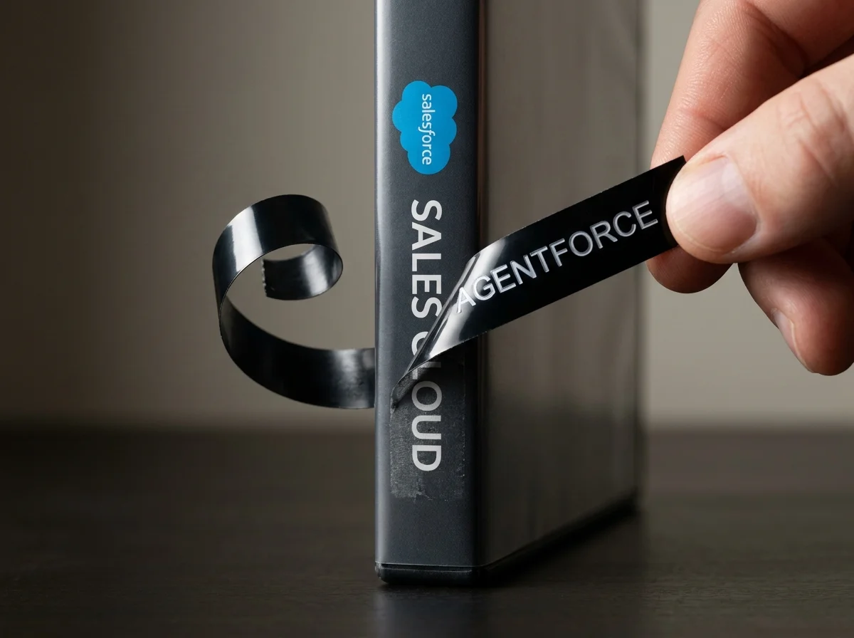 Unas pinzas levantan un vinilo con la palabra Agentforce y debajo aparece grabado Sales Cloud, junto al logotipo de Salesforce.