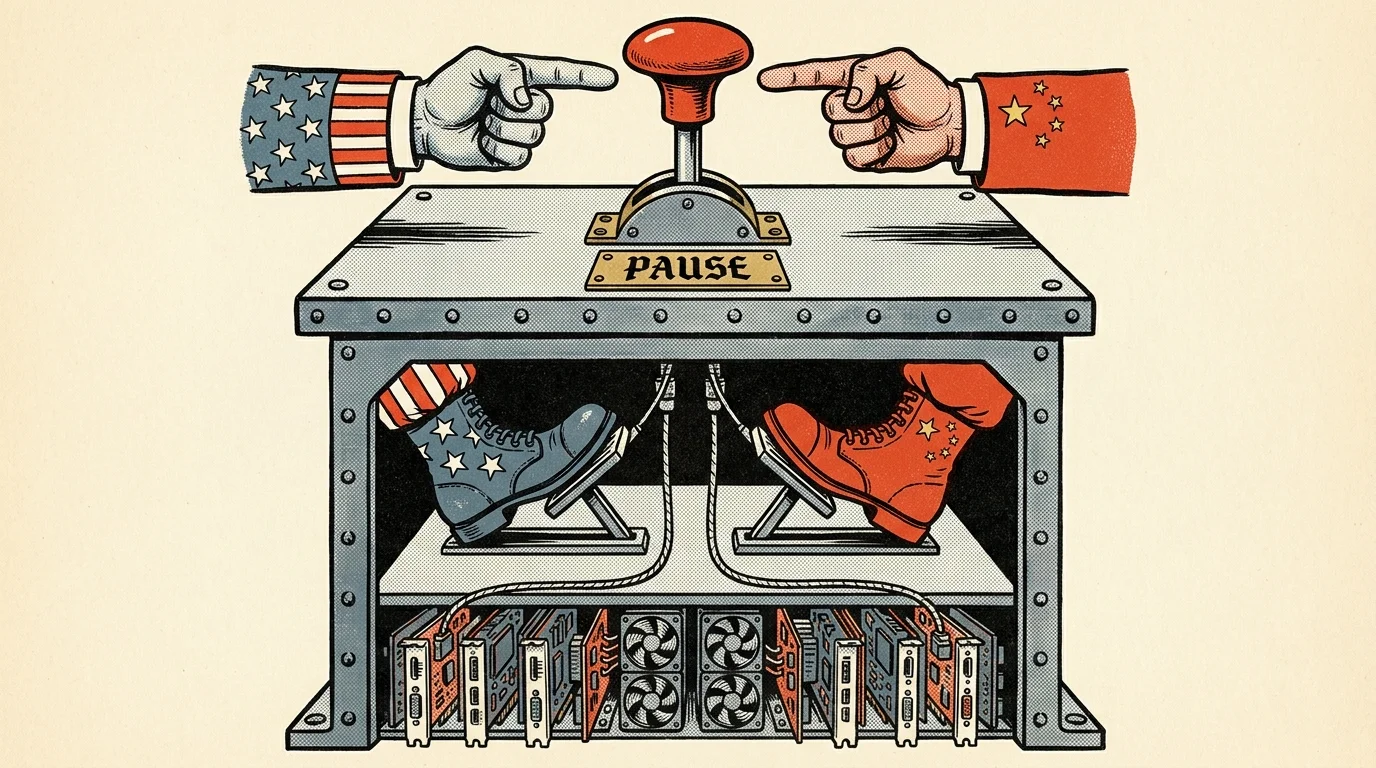 Viñeta: dos manos, una con la bandera estadounidense y otra con la china, señalan un botón de pausa mientras sus pies pisan sendos aceleradores sobre un banco de tarjetas gráficas.