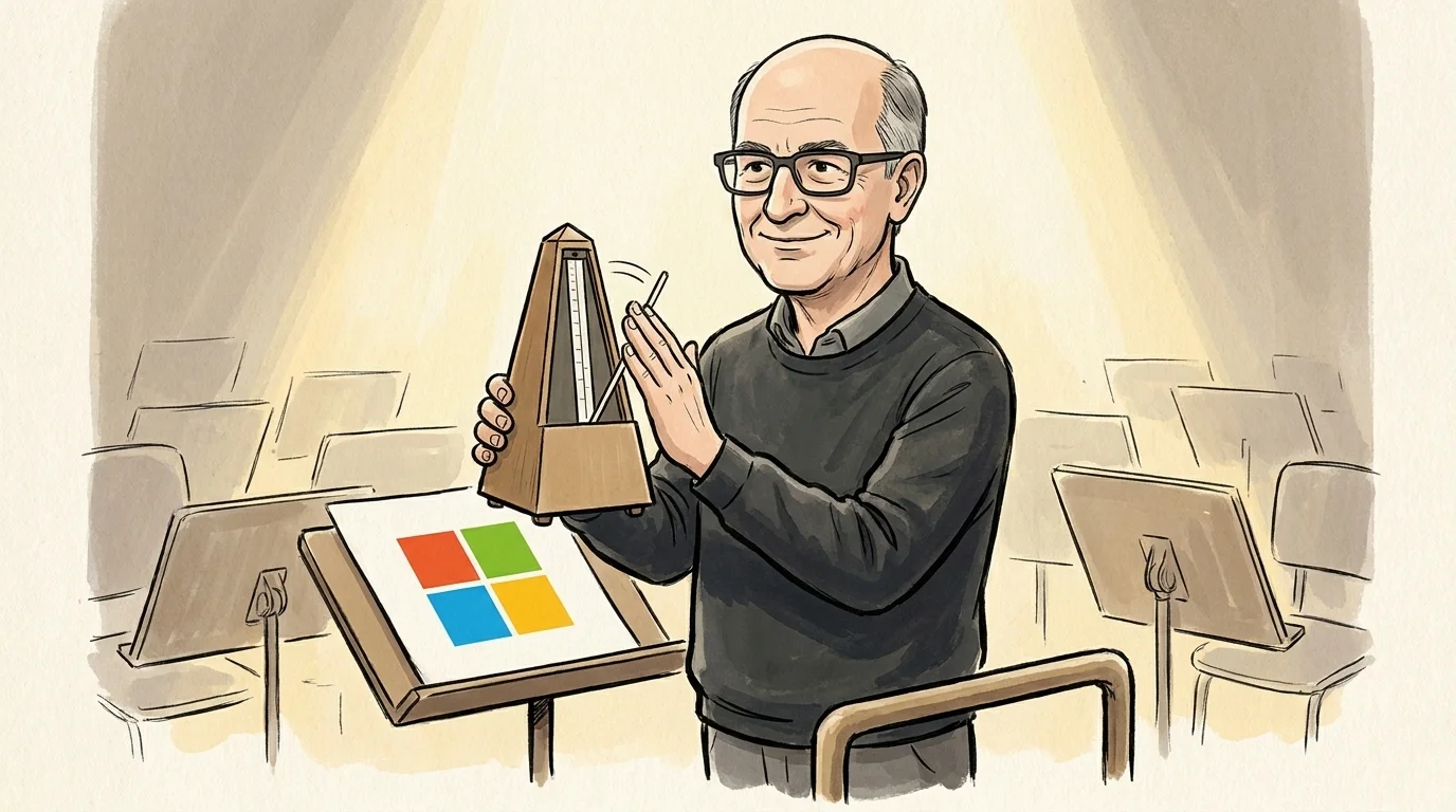 Ilustración: una figura detiene con la mano el brazo de un metrónomo; el logotipo de Microsoft aparece en el atril.