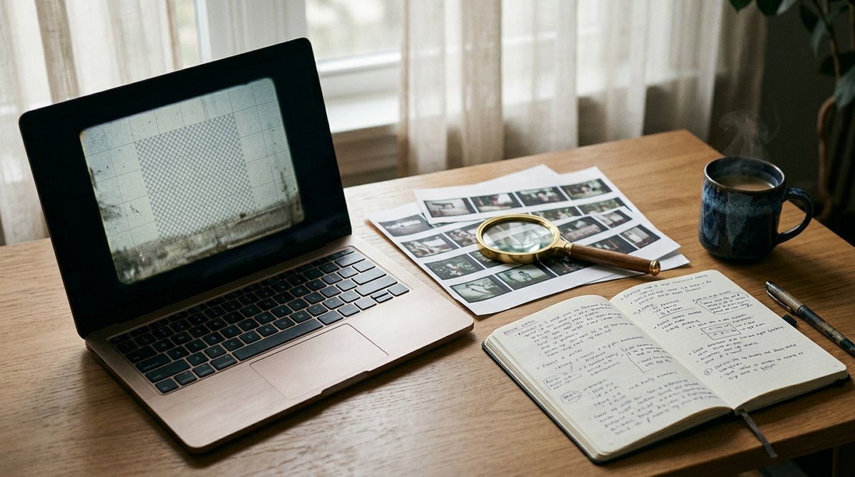 Escritorio con portátil, lupa y fotogramas impresos de vídeo