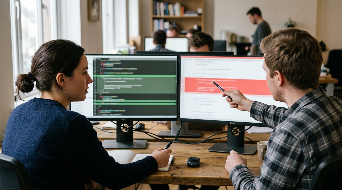 Dos monitores comparando versiones de código en una revisión