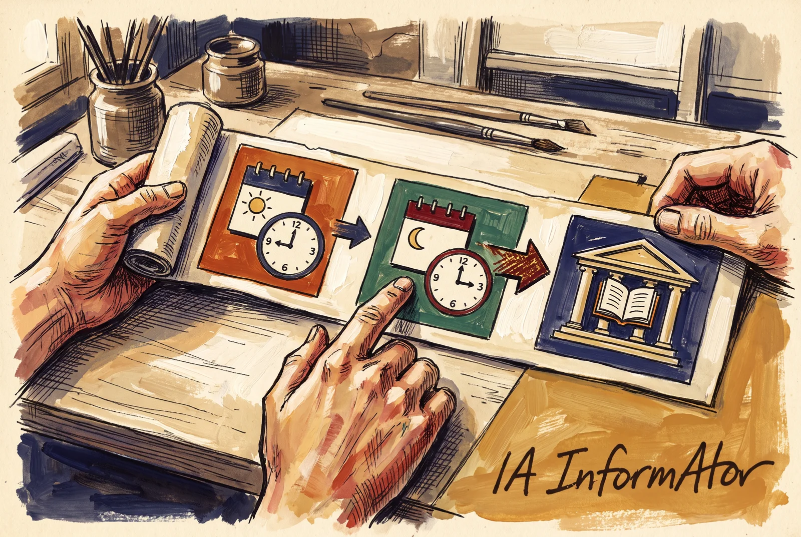 Unes mans examinen un paper desenrotllat amb tres plafons units per fletxes: un calendari amb sol i rellotge, un altre amb lluna i rellotge, i una icona de biblioteca.