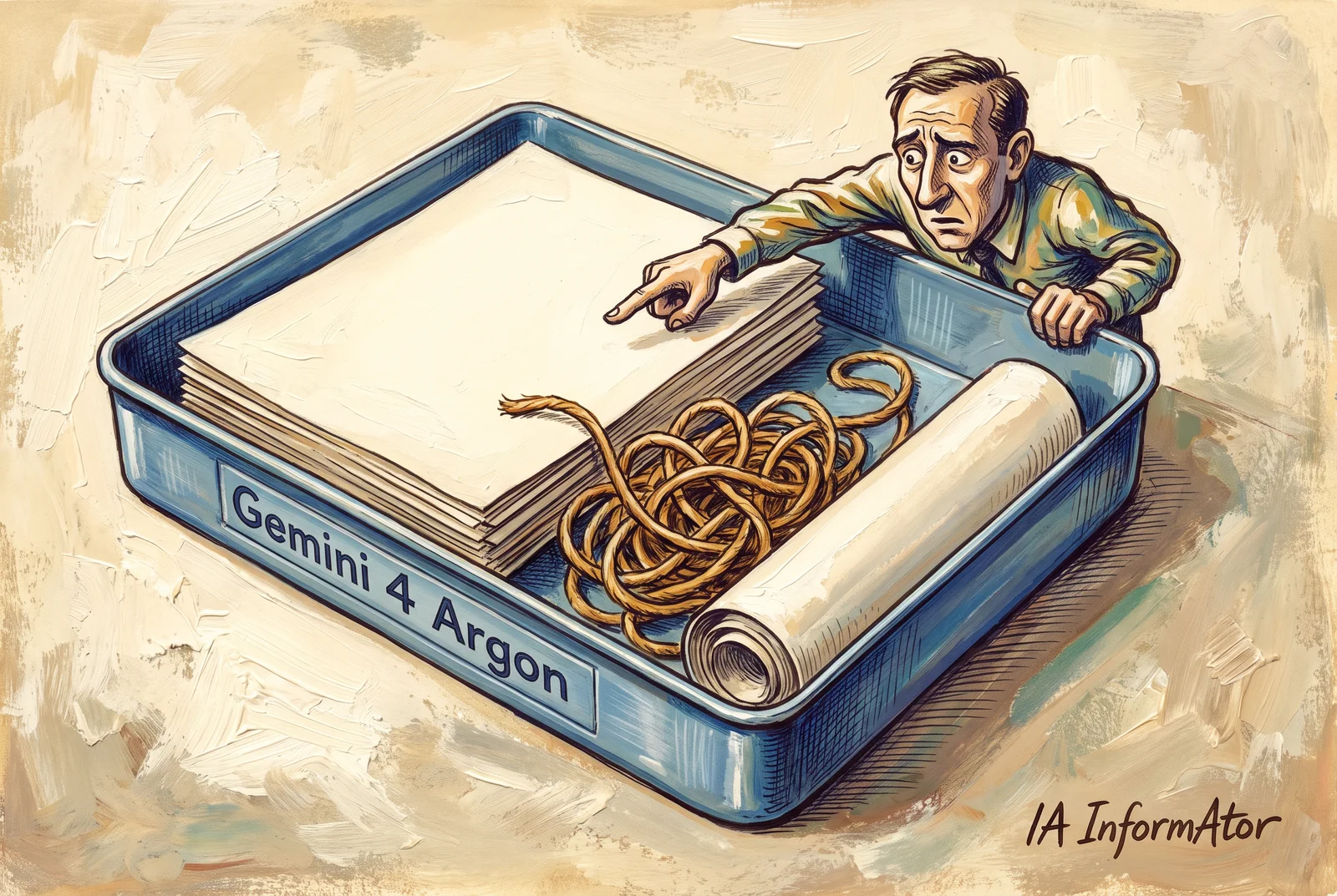 Il·lustració d’un home que assenyala documents, un cordó i un rotlle de paper dins d’una safata Gemini 4 Argon.