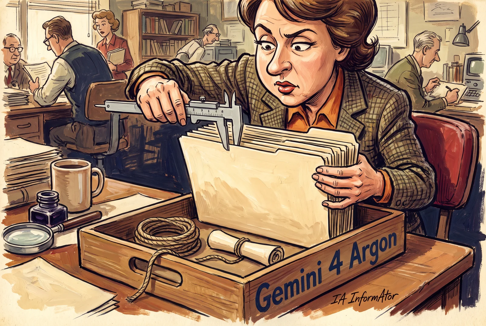 Il·lustració d’una dona que mesura amb un peu de rei una pila de carpetes dins d’una safata Gemini 4 Argon.