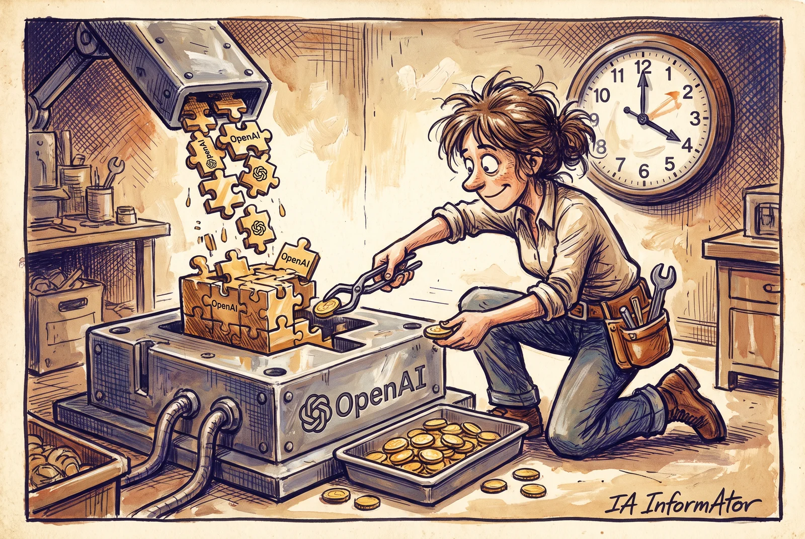 Il·lustració: una tècnica retira monedes d'una safata mentre una peça continua encaixant en el mateix motlle, amb un rellotge a la vista.
