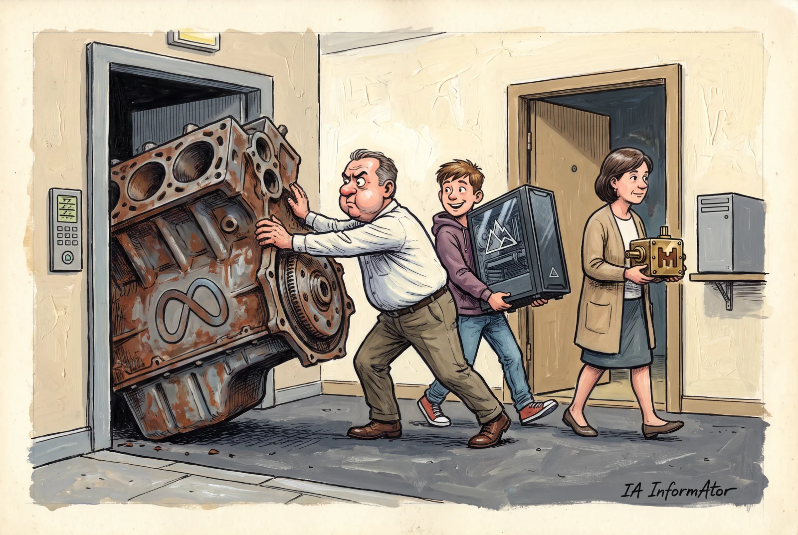 Ilustración: un hombre empuja sin éxito un bloque de motor oxidado con el símbolo de Meta que no cabe por la puerta, mientras un chico entra con una torre de ordenador con el de Black Forest Labs y una mujer lleva en la mano una cajita con la M de Mistral.