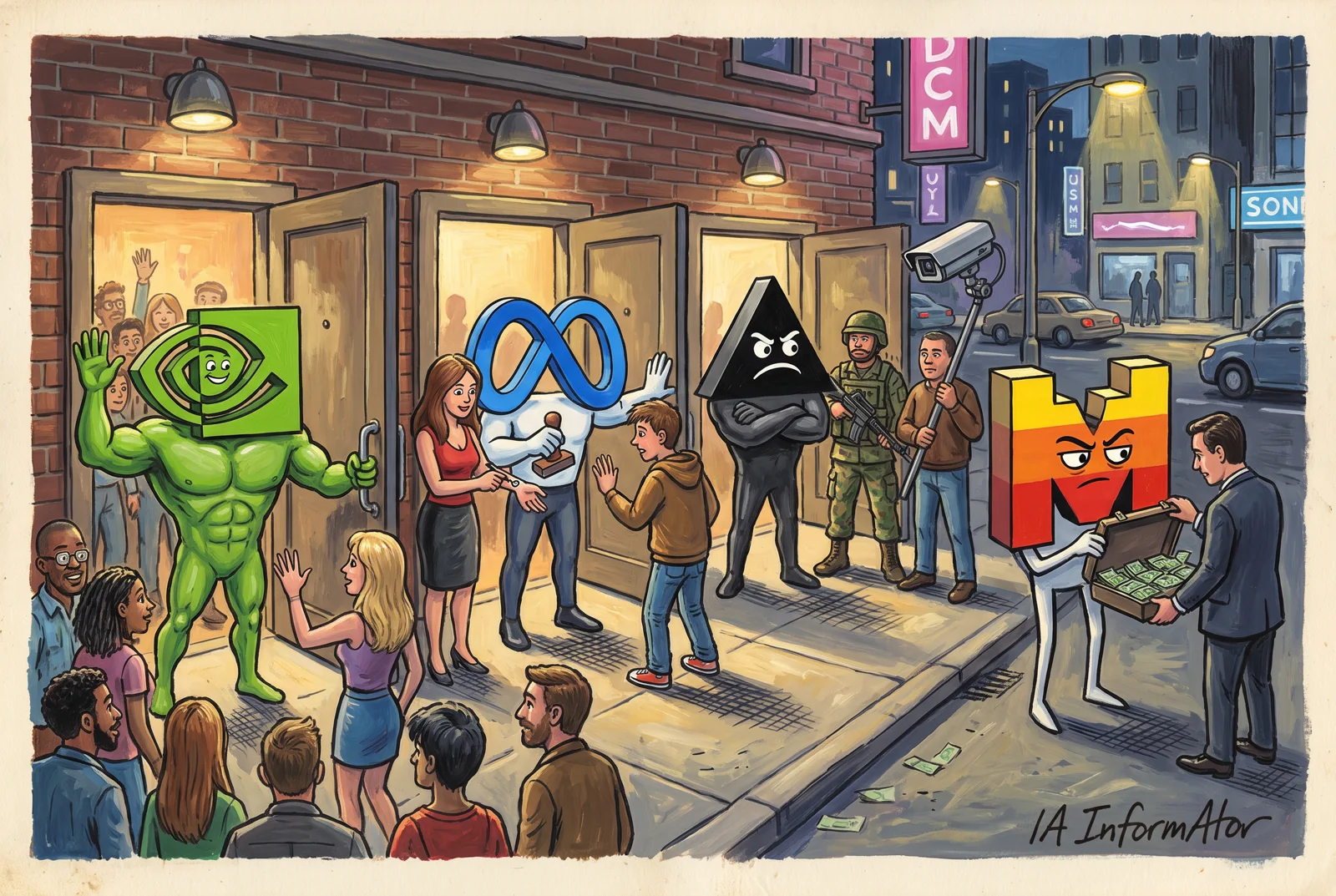 Ilustración: cuatro porteros de discoteca con forma de logotipo: el de Nvidia abre de par en par, el de Meta sella la muñeca a una clienta y frena a un menor, el de Black Forest Labs detiene a un militar y a un vigilante, y el de Mistral rechaza a un hombre con un maletín de dinero.