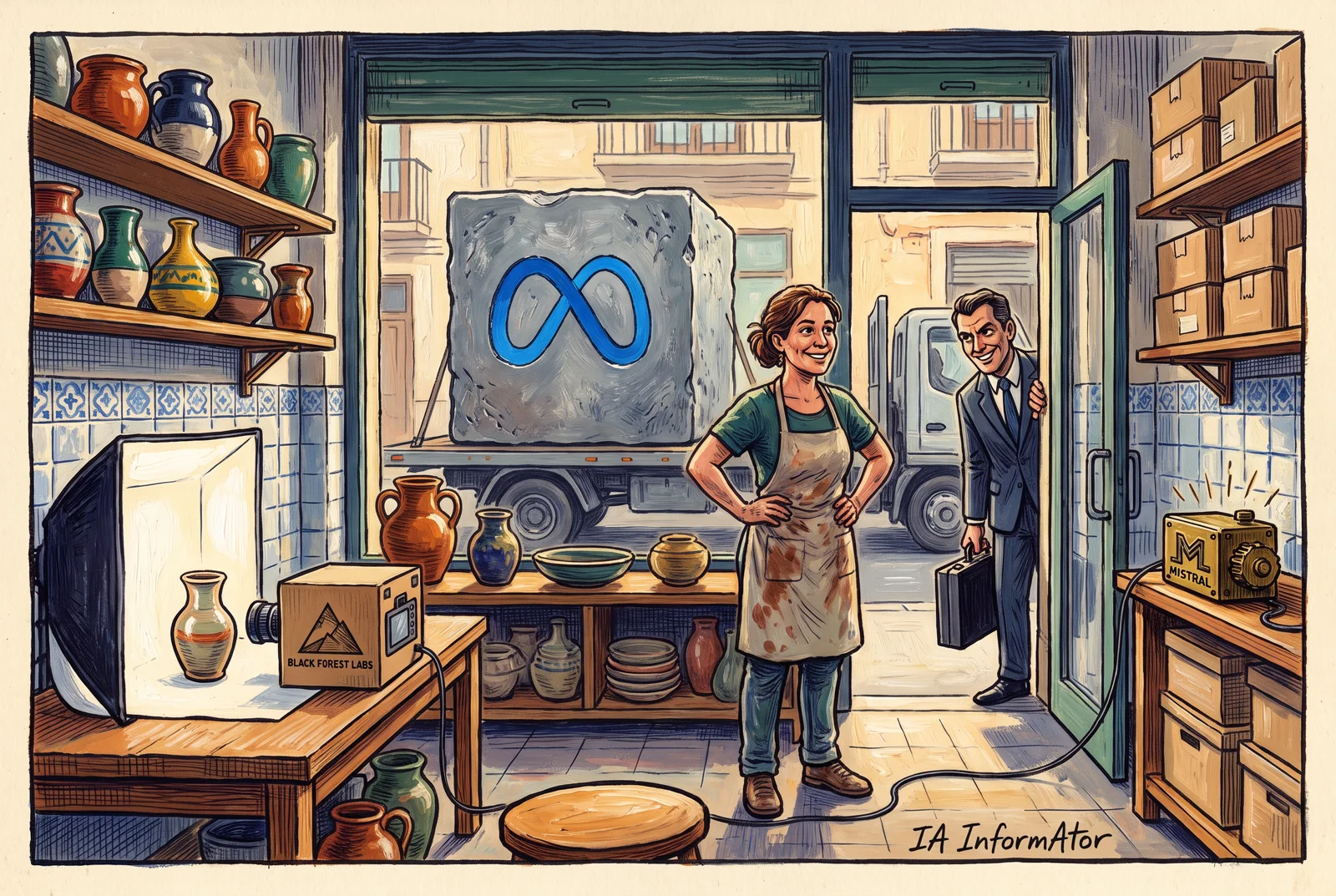 Ilustración: en una tienda de cerámica, la dueña sonríe entre una cámara de producto con la caja de Black Forest Labs y un pequeño servidor con la M de Mistral, mientras en la calle un camión trae un bloque gigante con el símbolo de Meta que no cabe por la puerta.