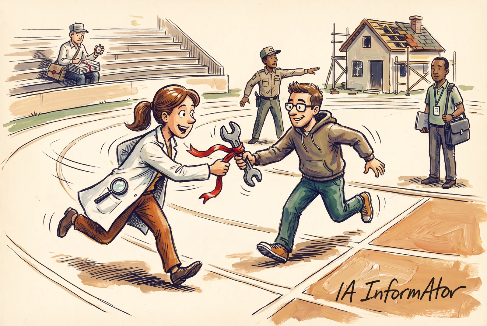 Ilustración: una carrera de relevos en una pista: una investigadora con bata entrega una llave inglesa atada con cinta roja a un desarrollador que la recoge corriendo; más allá esperan su turno el repartidor y el administrador, y en la grada aguarda el voceador de periódicos.