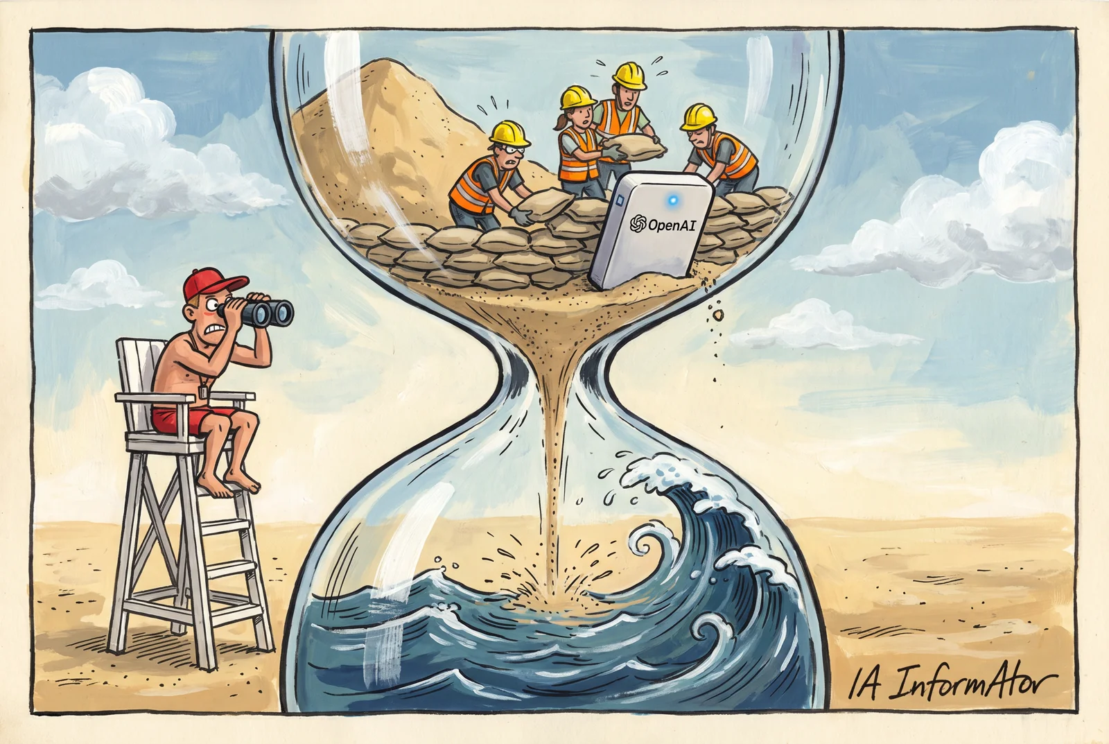 Ilustración: dentro de un gran reloj de arena, en la mitad de arriba unos operarios con casco refuerzan un dique de sacos junto a un aparato con el logotipo de OpenAI, mientras en la mitad de abajo una ola sube más deprisa de lo que cae la arena; un socorrista lo vigila con prismáticos.