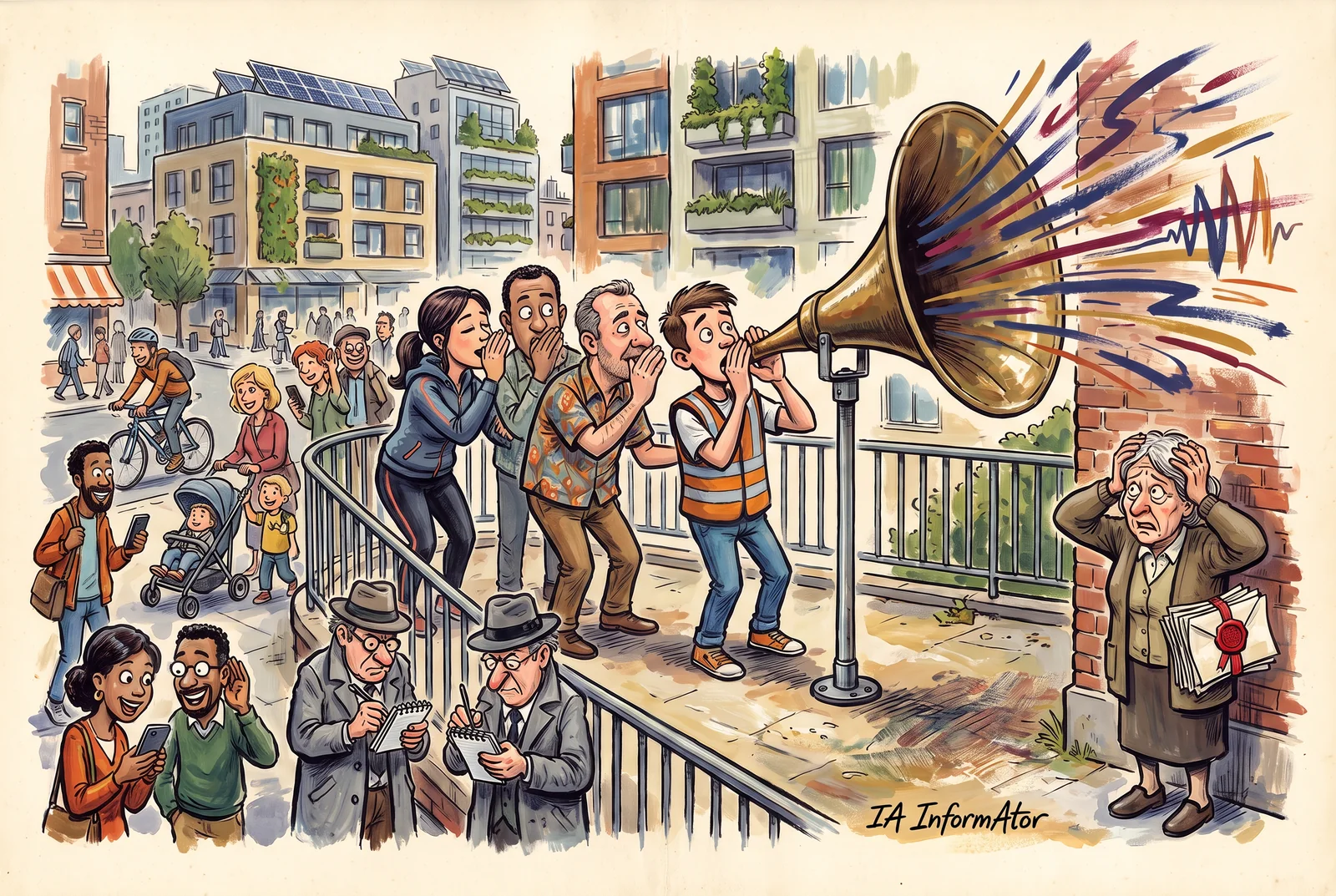 Ilustración: un secreto a voces: una fila de vecinos se pasa un susurro de oído en oído hasta que el último lo grita por una gran bocina de gramófono hacia la calle, mientras una mujer mayor con sobres lacrados se lleva las manos a la cabeza.