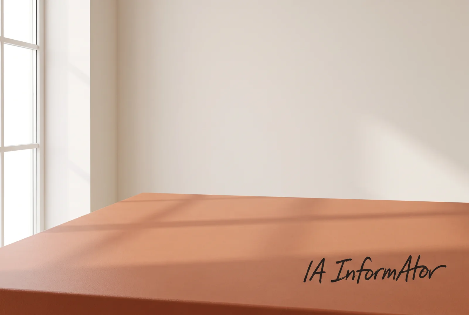Imatge fotogràfica sintètica d’una taula terracota buida al costat d’una finestra situada a l’esquerra.