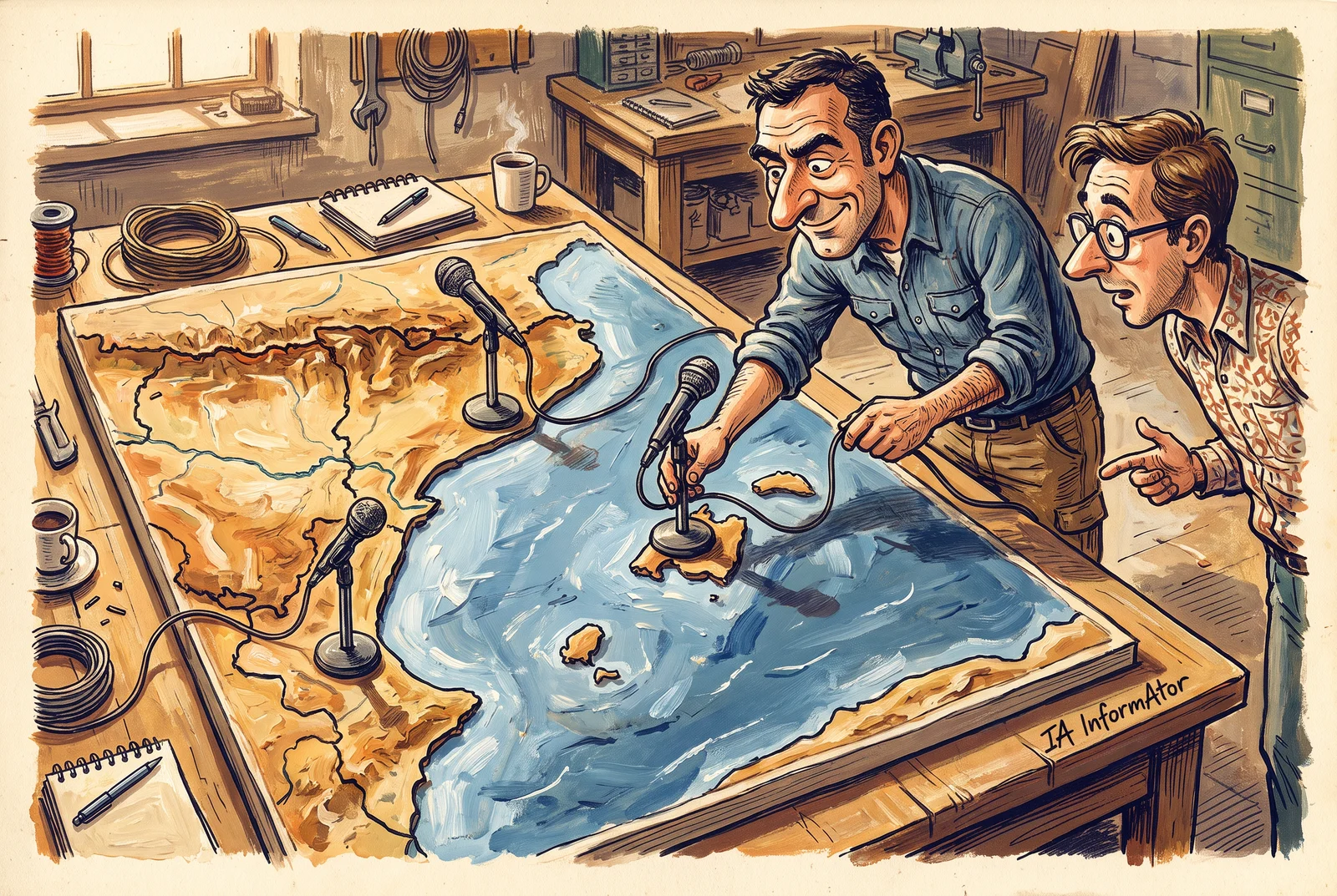 Un técnico coloca un micrófono sobre Mallorca en un mapa en relieve de la costa catalana, balear y valenciana con otros dos micrófonos, mientras un compañero señala con interés.