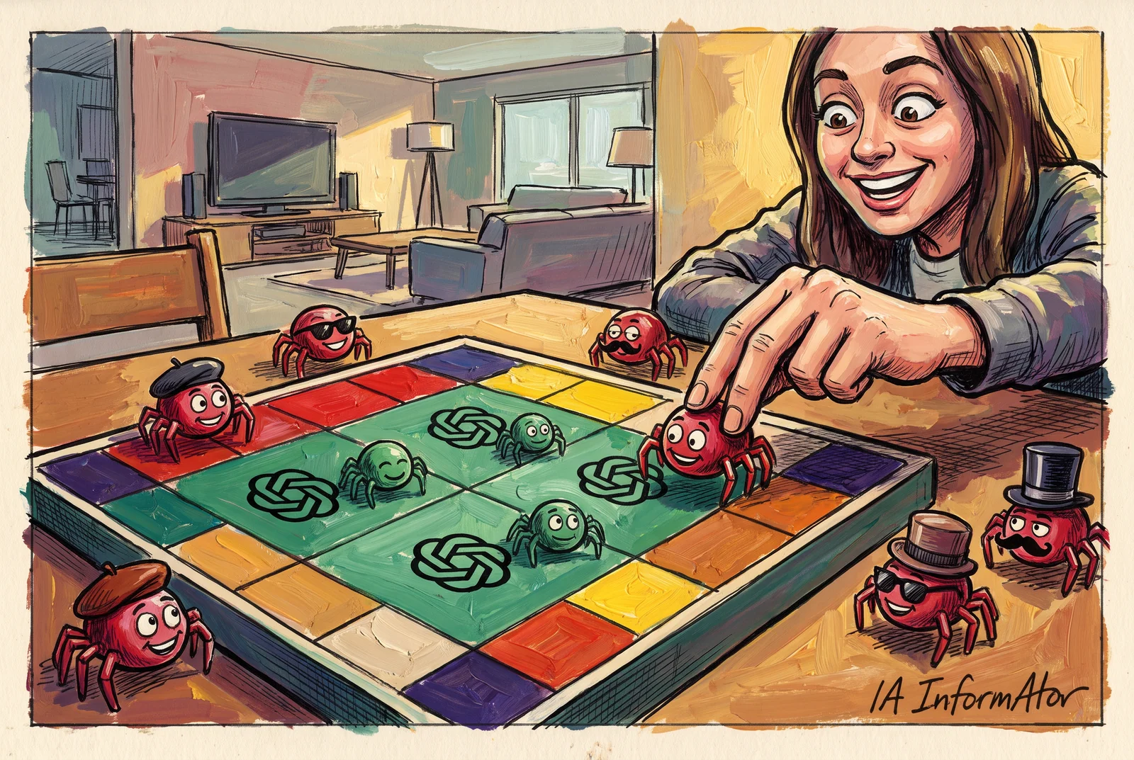 Una mujer, con los ojos muy abiertos, juega en la mesa del salón a un tablero cuyas casillas verdes del centro llevan el logo de OpenAI: sobre ellas descansan arañas verdes sonrientes y, por fuera, rondan arañas rojas disfrazadas con boina, gafas de sol, bigote o sombrero; ella sujeta con el dedo una roja que intenta colarse en la zona verde.