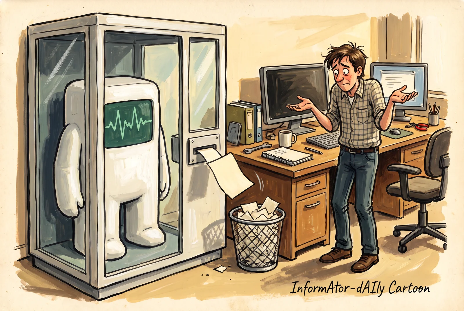 A form leaves the testing enclosure and falls into a wastepaper basket: the connection was real.