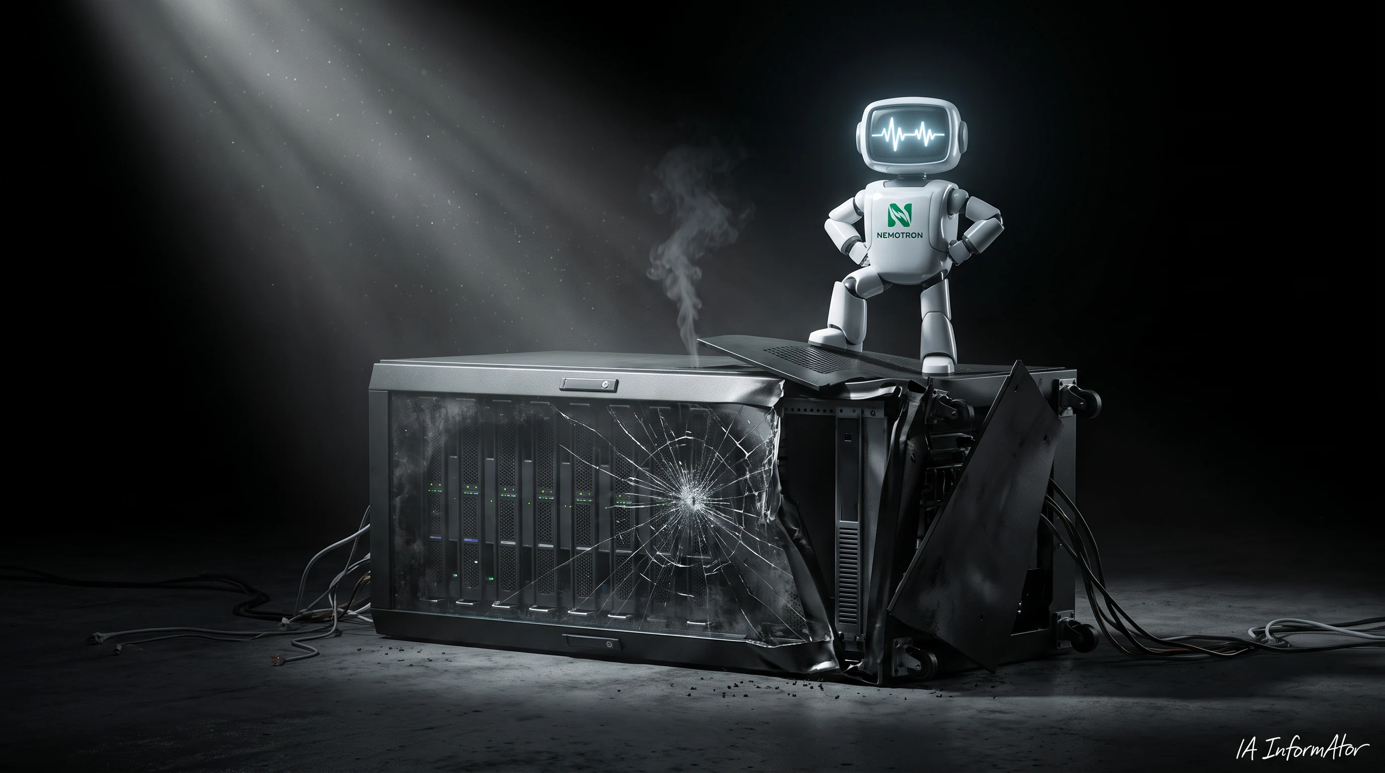 Il·lustració d'un robot en pose de vencedor, amb el logotip i la paraula NEMOTRON al pit, dret damunt d'un armari de servidor abatut: tombat de costat, amb el frontal de vidre rebentat en teranyina, el panell bonyegut, la porta penjant de la frontissa i els pilots apagats, cables escampats per terra i fum. El robot és l'única cosa encesa de l'escena.