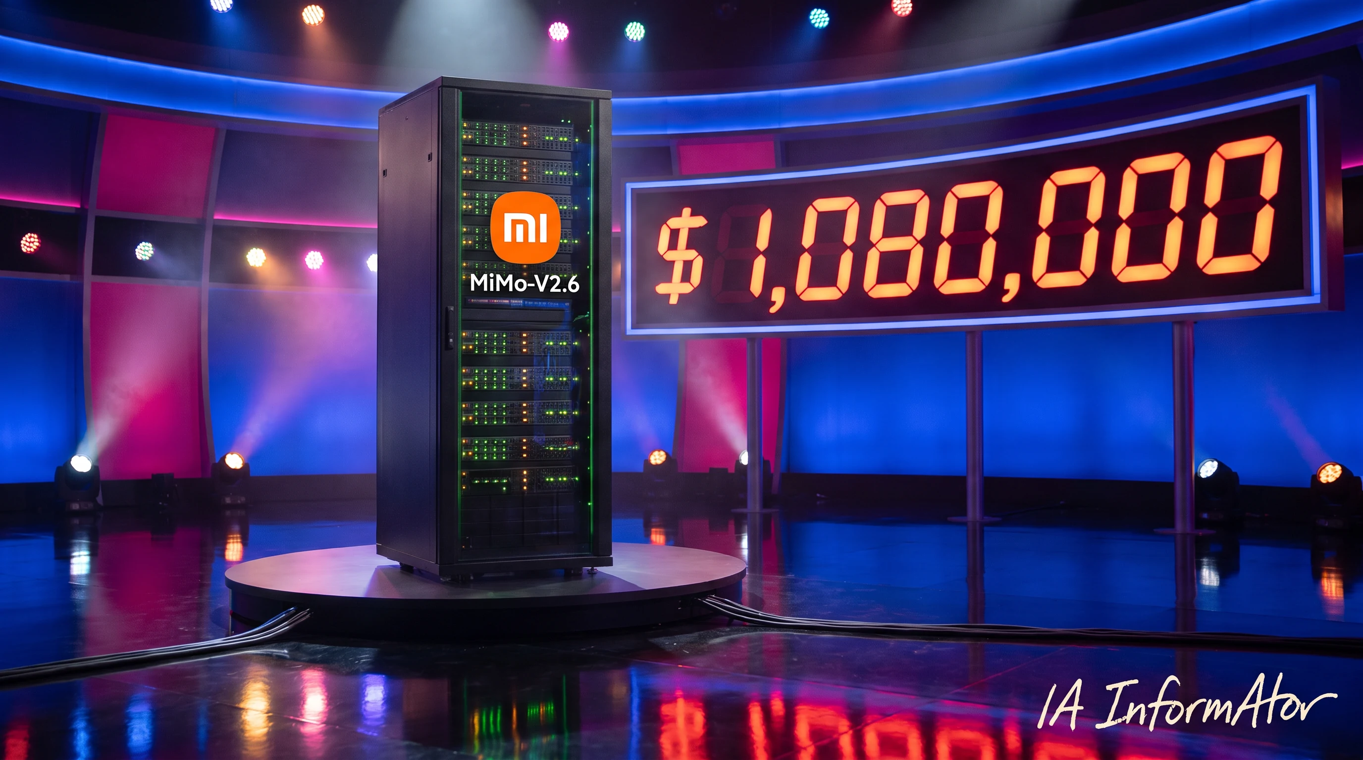 Plató de televisión iluminado con focos de colores: sobre una peana giratoria, un armario de servidor con el logotipo de Xiaomi y el rótulo MiMo-V2.6; al lado, un panel gigante con un contador digital de gasto, en dígitos naranjas de siete segmentos, corriendo en directo.