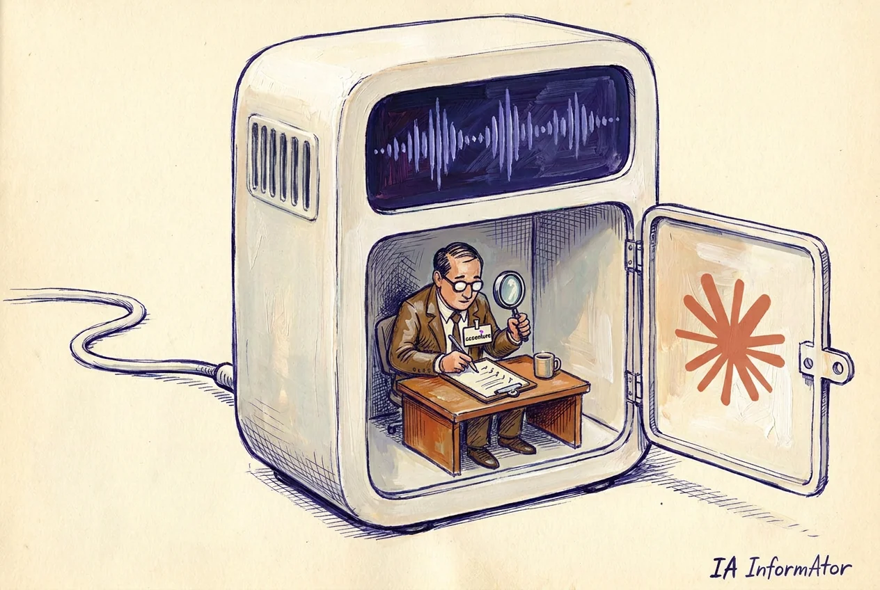 Caricatura: un aparato blanco del tamaño de un armario tiene la puerta abierta de par en par y dentro, sentado a una mesa de despacho, un hombre de traje con gafas y una acreditación de Accenture toma notas con una lupa en la mano. Sobre él, una ventana oscura muestra una onda de sonido; en la cara interior de la puerta está el asterisco naranja de Accenture y del lateral sale un cable.
