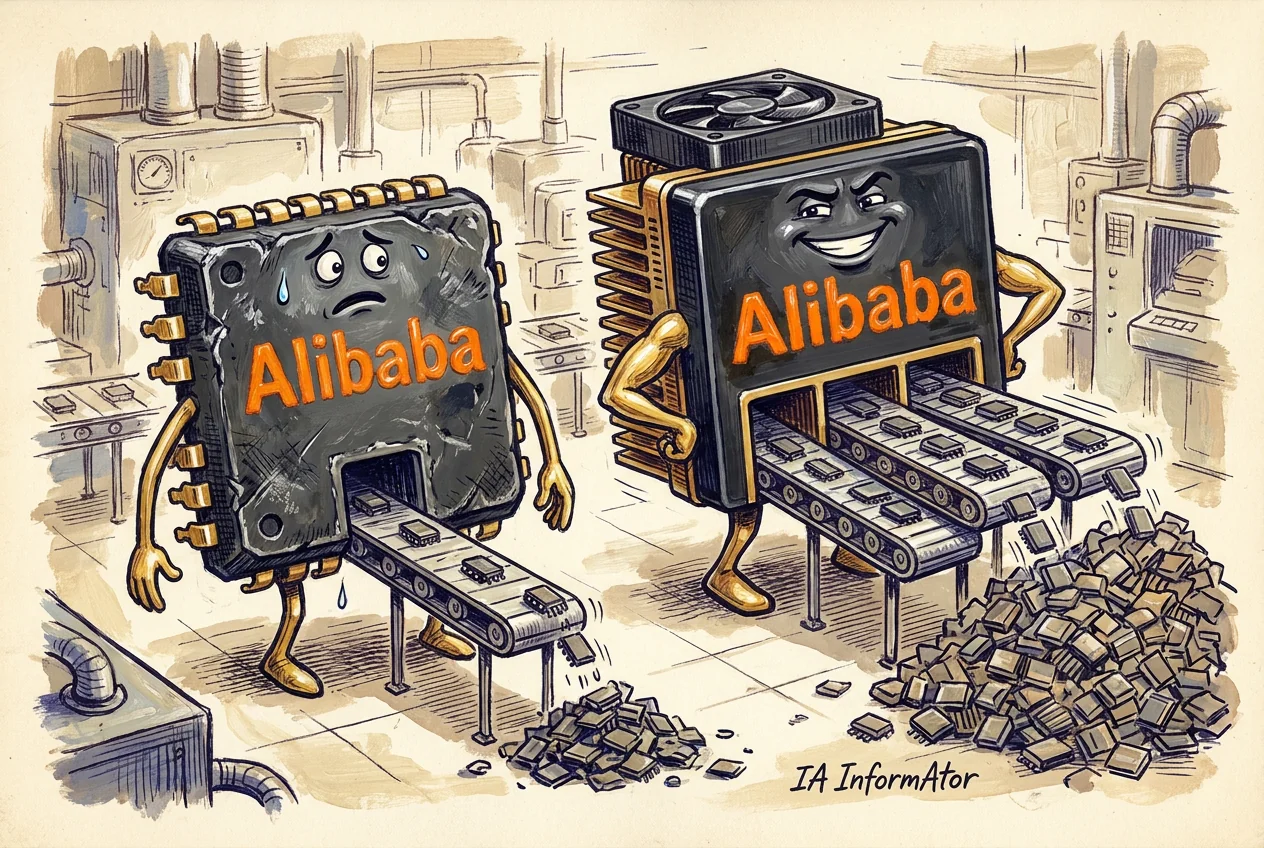 Caricatura en una fàbrica: dos xips amb braços i cames, tots dos retolats «Alibaba». El de l'esquerra, abonyegat i suant, alimenta una sola cinta transportadora estreta que deixa un muntet de peces. El de la dreta, molt més gran, amb ventilador i dissipador, treu tres cintes alhora i amuntega una pila tres vegades més gran.