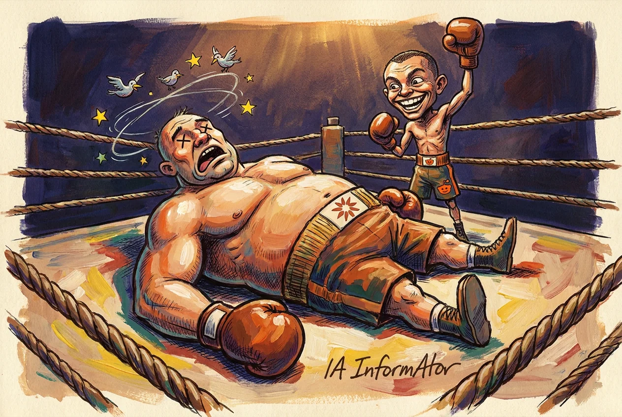 Caricatura sobre un ring de boxeo: un púgil enorme y musculoso yace de espaldas en la lona, con estrellas y pajaritos girándole sobre la cabeza y un asterisco naranja en la cinturilla del pantalón. De pie junto a él, un boxeador menudo y flaco con el logotipo de Reddit en el pantalón levanta el guante celebrándolo.