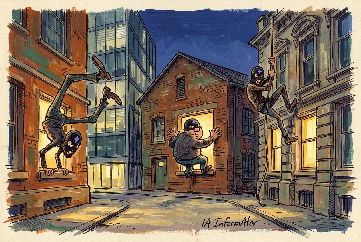 Caricatura nocturna d'un carrer amb tres edificis diferents: per les finestres de cadascun hi entra un lladre amb passamuntanyes marcat amb una estrella violeta de quatre puntes. Un s'hi fica de cap, un altre és enganxat al forat il·luminat amb les mans obertes i el tercer baixa per una corda des de la cornisa.