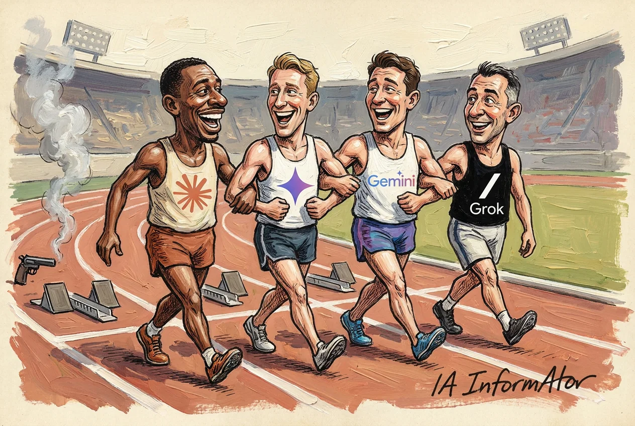 Caricatura: quatre corredors avancen del braç i somrient per una pista d'atletisme, al pas en lloc d'esprintar; al darrere queden els tacs de sortida i una pistola de jutge que encara fumeja. Les samarretes duen un asterisc taronja, una estrella violeta de quatre puntes, la paraula Gemini en blau i la paraula Grok en blanc sobre negre.