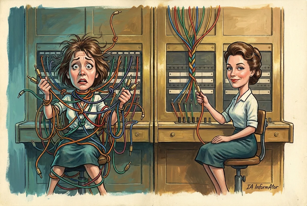 Caricatura en dues meitats sobre una centraleta telefònica antiga. A l'esquerra, una operadora despentinada i amb cara d'angoixa és literalment lligada per un embolic de cables solts de colors. A la dreta, la mateixa operadora, asseguda i tranquil·la, subjecta un únic cable trenat amb tots aquests colors i l'endolla en una sola clavilla.