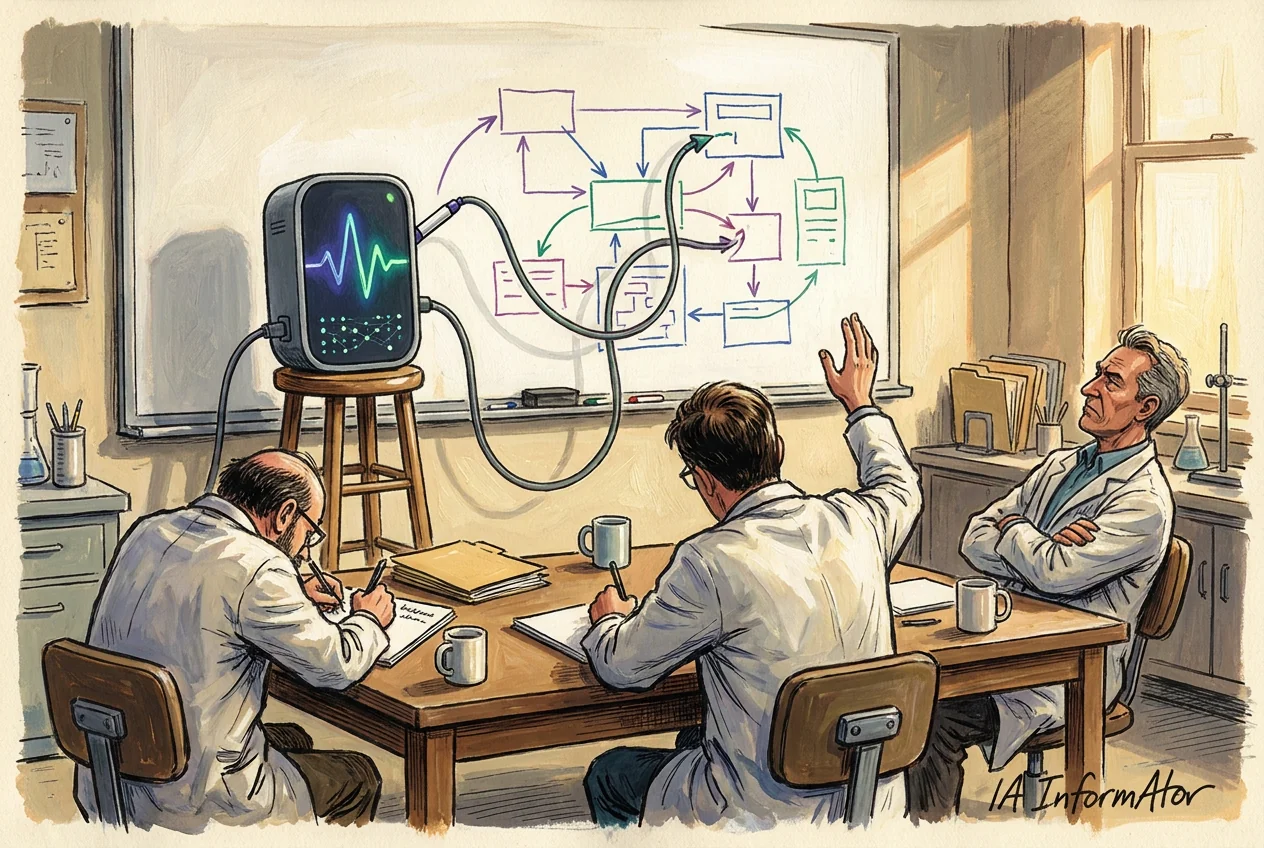 Caricatura en un laboratori: un aparell enfilat a un tamboret de fusta subjecta un retolador amb una mànega i ha dibuixat a la pissarra un diagrama de caixes unides per fletxes. Al davant, en una taula, dos científics amb bata prenen apunts d'esquena —un aixeca la mà per preguntar— i un tercer mira de cantó amb els braços creuats.