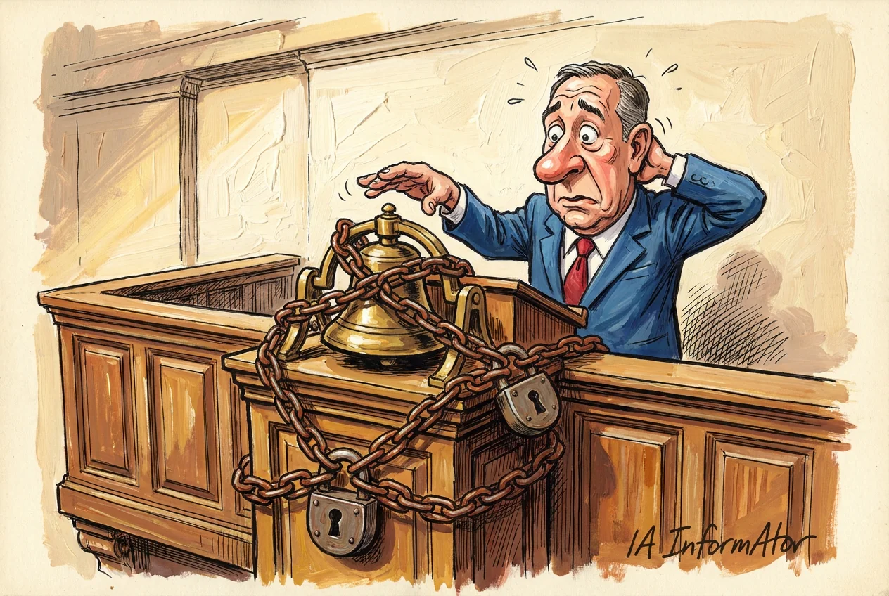 Caricatura: un hombre de traje azul y corbata roja, sudando y con cara de apuro, alarga la mano hacia la campana de latón de la bolsa. La campana está envuelta en cadenas gruesas cerradas con dos candados sobre el púlpito de madera.