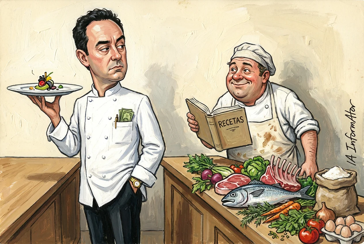 Caricatura de dos cuiners. A l'esquerra, un xef prim amb jaqueta impecable i bitllets sortint de la butxaca sosté enlaire un plat amb una ració diminuta i mira de reüll. A la dreta, un cuiner rodanxó amb davantal tacat llegeix un llibre obert amb la paraula «RECETAS» a la coberta, davant d'un taulell ple de verdures, carn, peix, ous i un sac de farina.