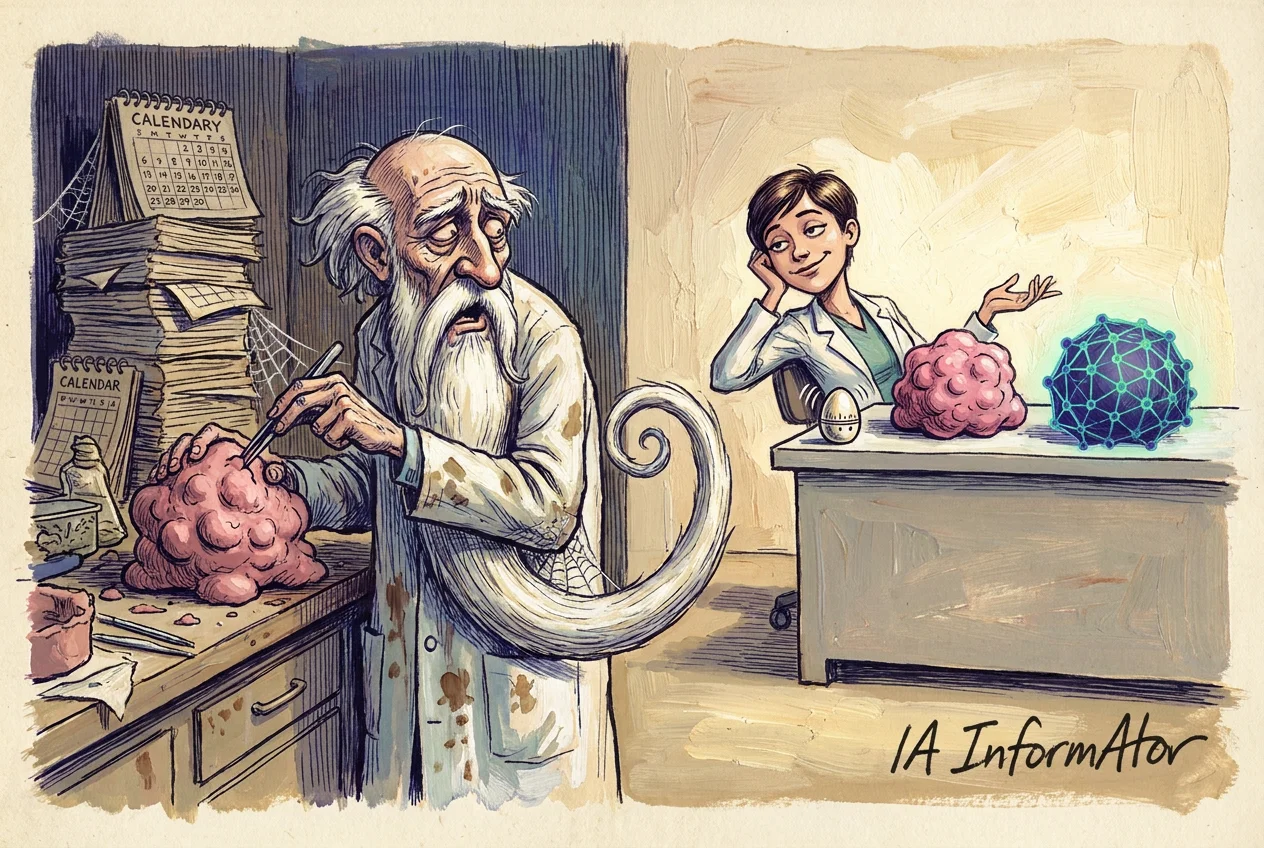 Caricatura en dues meitats: a l'esquerra, un científic ancià amb una barba blanca tan llarga que li fa la volta al cos treballa amb un bisturí sobre un tumor rosat, envoltat de calendaris, papers apilats i teranyines; a la dreta, una investigadora jove es recolza tranquil·la a la taula al costat del mateix tumor, un temporitzador de cuina i un model de xarxa de nodes que brilla.