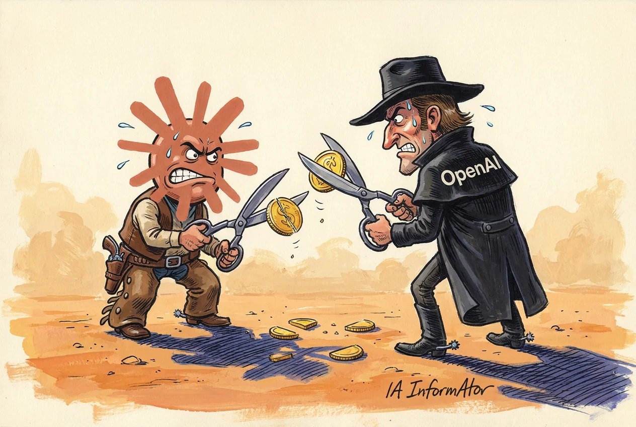 Caricatura d'un duel de l'Oest: un vaquer baixet amb el cap en forma d'asterisc taronja i un pistoler alt amb gavardina negra retolada OpenAI s'encaren al desert, suant, cadascun amb unes tisores enormes amb què parteix monedes d'or; les meitats cauen a terra entre tots dos.