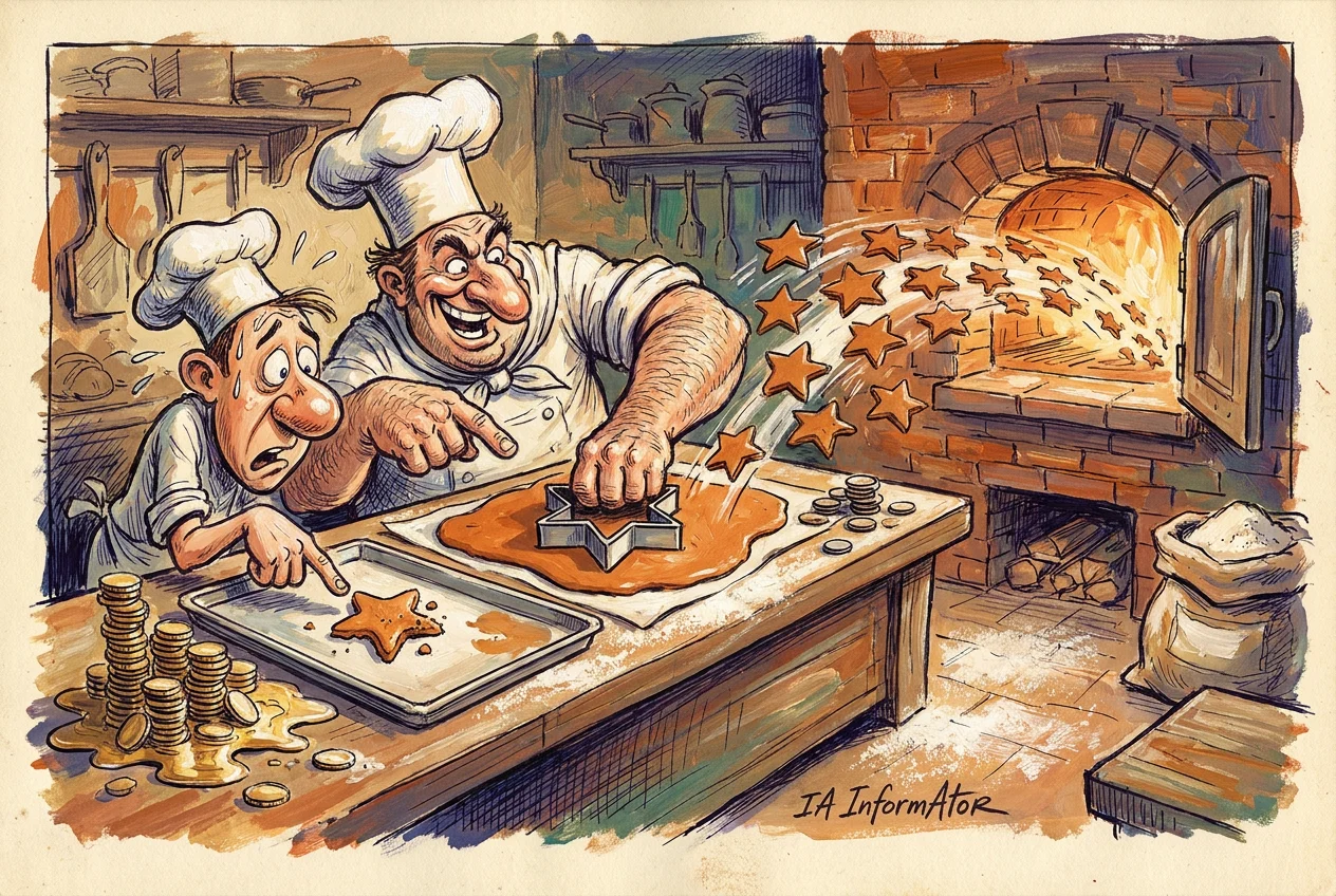 Caricatura en un obrador: un pastisser corpulent i somrient talla galetes en forma d'estrella d'una sola massa estesa i les estrelles surten volant en filera cap al forn de llenya; al seu costat, un aprenent espantat assenyala l'única galeta deforme de la seva safata, al costat d'una pila de monedes vessades.