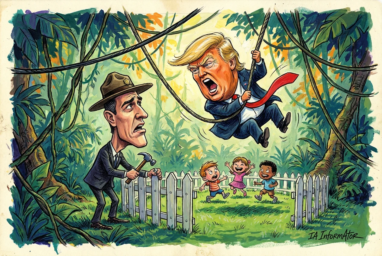 Caricatura en una selva: Donald Trump cruza gritando colgado de una liana, con la corbata roja al viento, mientras Pedro Sánchez, de traje y con sombrero de guardabosques, clava con un martillo una valla blanca alrededor de un claro de hierba donde juegan tres niños.