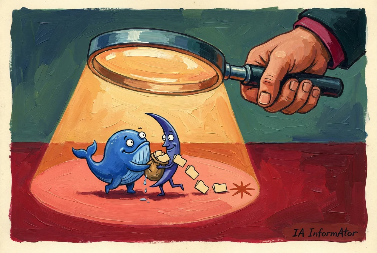 Caricatura: una mà enorme sosté una lupa el feix de llum de la qual cau sobre una balena blava i una lluna creixent violeta que fugen de puntetes carregant un sac del qual s'escapen carpetes; el rastre de carpetes porta fins a un asterisc taronja. El fons està partit en verd fosc i vermell.