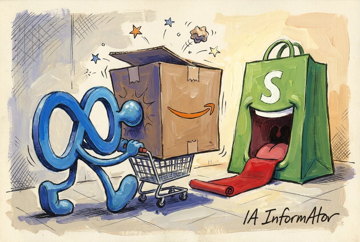 Caricatura: el símbol de l'infinit de Meta, amb braços i cames, empeny un carretó de la compra i topa contra una capsa de cartró amb el somriure d'Amazon que li barra el pas; a la dreta, una bossa verda de Shopify amb la S al davant somriu amb la boca oberta i li estén una catifa vermella a tall de llengua.