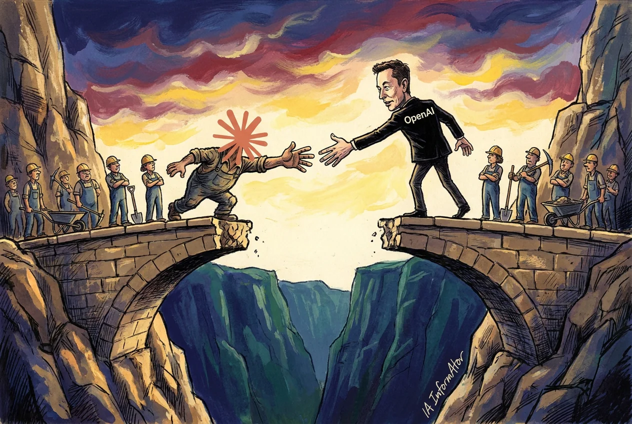 Caricatura: un pont de pedra sobre un precipici està tallat per la meitat; a cada extrem, un personatge s'estira per donar la mà a l'altre —a l'esquerra un amb el cap en forma d'asterisc taronja, a la dreta un home de vestit negre amb la paraula OpenAI a l'esquena— mentre dues colles d'obrers amb casc miren des de cada riba.