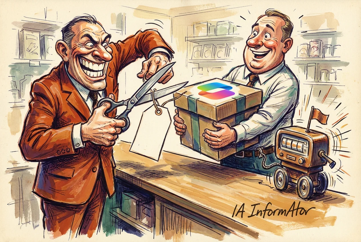 Caricatura en el mostrador de una tienda: un vendedor de traje naranja, con una sonrisa de oreja a oreja, corta por la mitad con unas tijeras enormes la etiqueta de precio de una caja con el logotipo de Copilot que sostiene un cliente encantado; en el mostrador, un taxímetro con ruedas y bandera ya está corriendo.