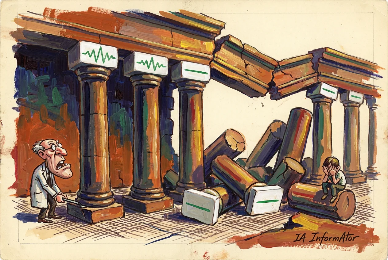 Caricatura: una columnata sostiene un arquitrabe con solo tres columnas en pie, todas de la misma piedra, y el resto convertido en escombro con los capiteles boca arriba; bajo los cimientos, un profesor acaba de meter una chapa de hierro.