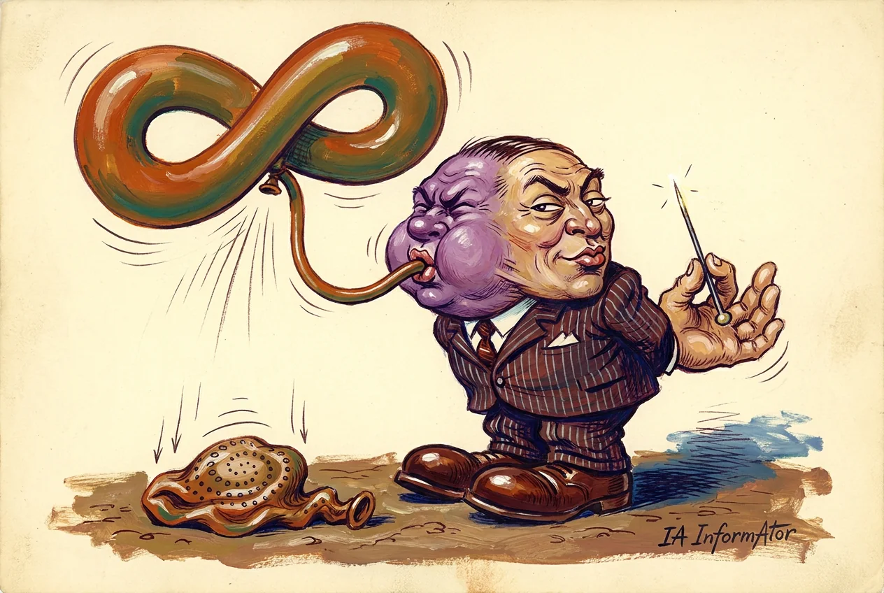 Caricatura de un corredor de bolsa de feria con dos caras en la misma cabeza: una hincha un globo con forma de lazo y la otra esconde a la espalda un alfiler larguísimo; a sus pies, un globo deshinchado con una espiral de puntos impresa.