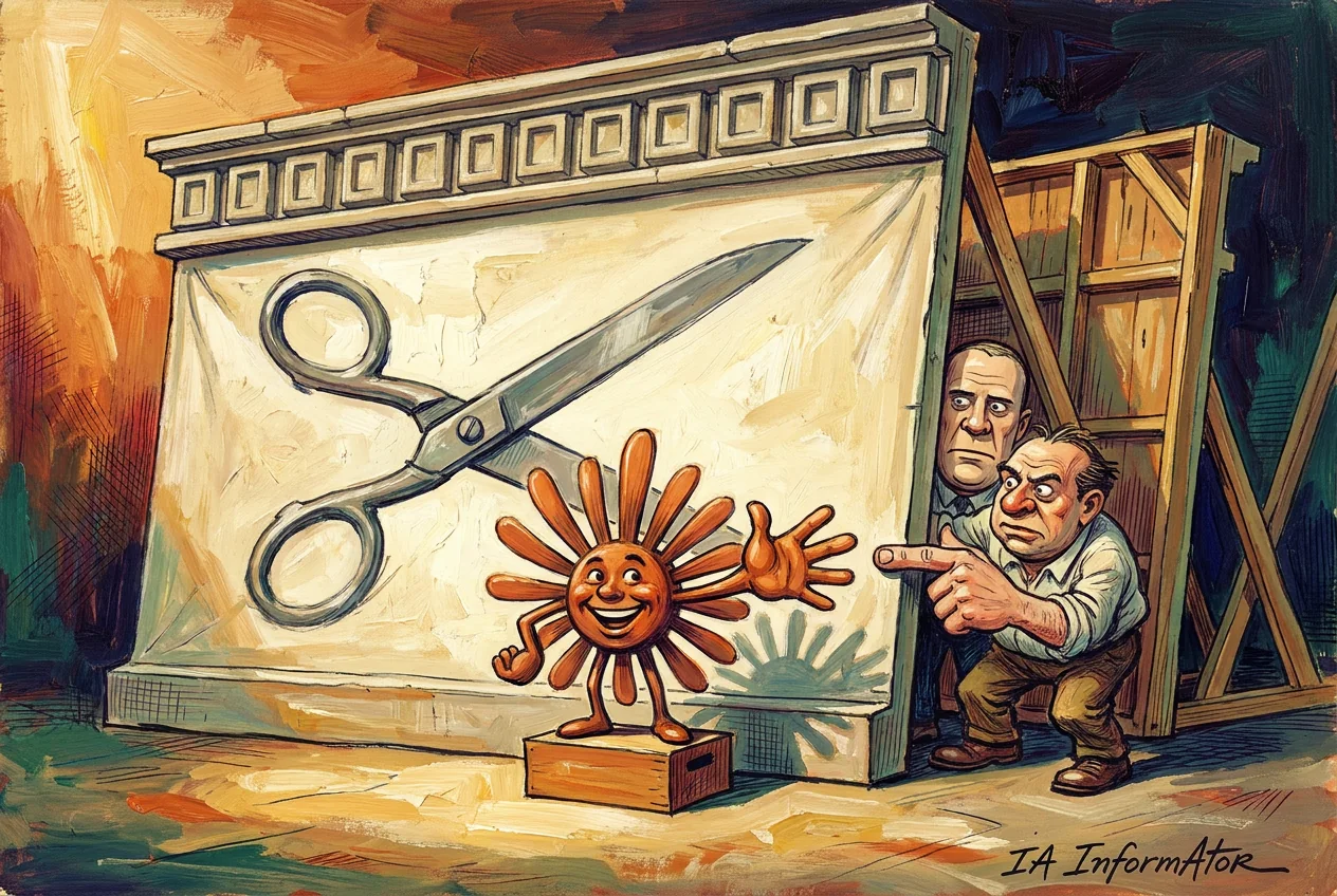 Caricatura de una fachada de templo hecha de decorado de cine: una hilada de bloques repetidos y unas tijeras de laboratorio pintadas en la lona, y por detrás solo puntales y aire; el emblema posa delante mientras dos investigadores empujan el decorado con un dedo.