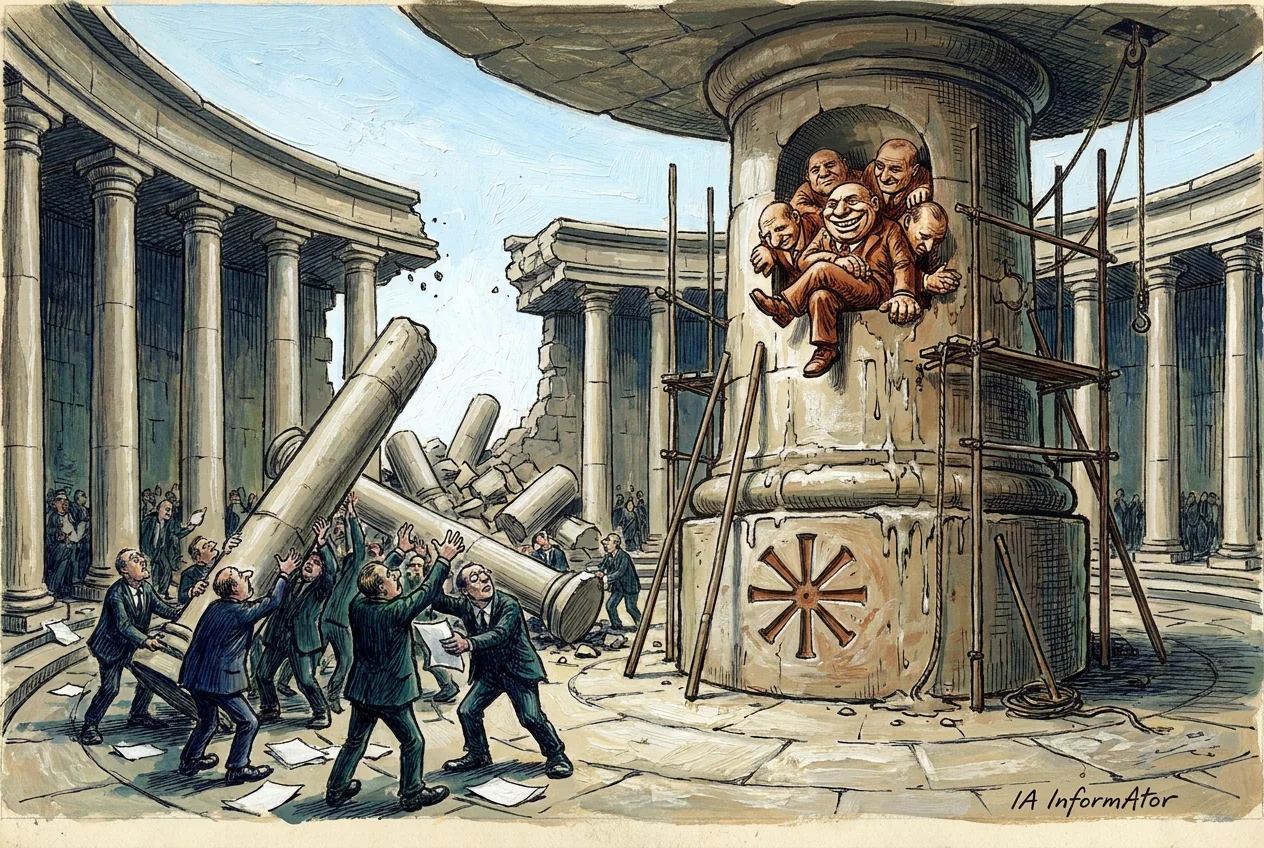 Caricatura de una rotonda de consejo: la columnata delgada ya no sostiene nada —hay un tramo derribado y un hueco de cielo— porque toda la cubierta descansa sobre una única columna descomunal, más gorda que todas las demás juntas, con andamios y mortero fresco.