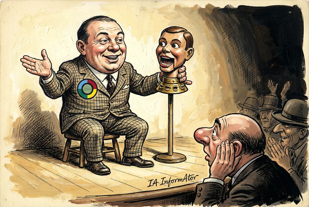 Caricatura de varietés: un empresario con la mano metida hasta la muñeca en la nuca de una cabeza de madera sin cuerpo; el muñeco recibe el aplauso y le cambia la boca sobre un collar de bocas talladas, mientras el titiritero mueve los labios a la vista de todos.