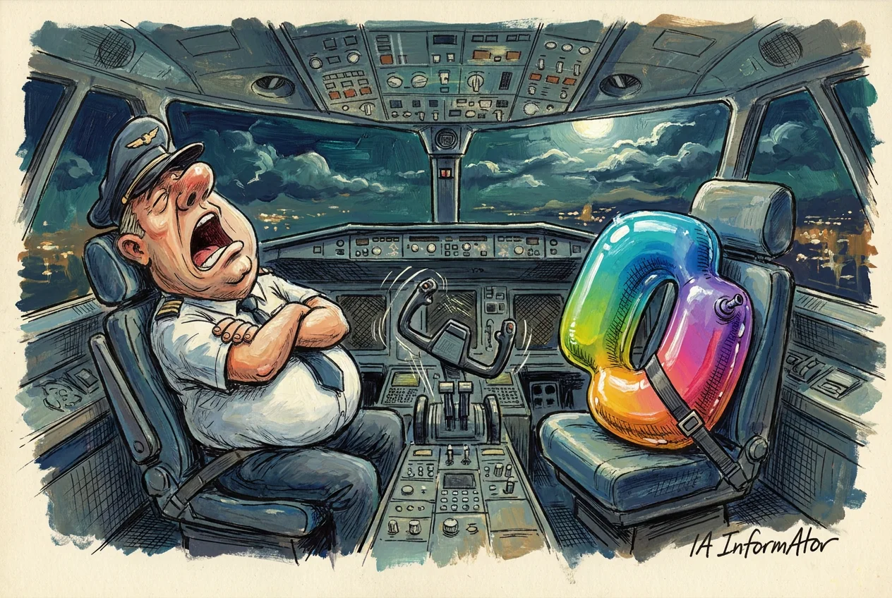 Caricatura en la cabina de un avión de noche, con luna y luces de ciudad: el comandante ronca con los brazos cruzados, la palanca de mando se mueve sola y en el asiento del copiloto va abrochado un flotador hinchable con los colores del degradado de Copilot y su válvula.