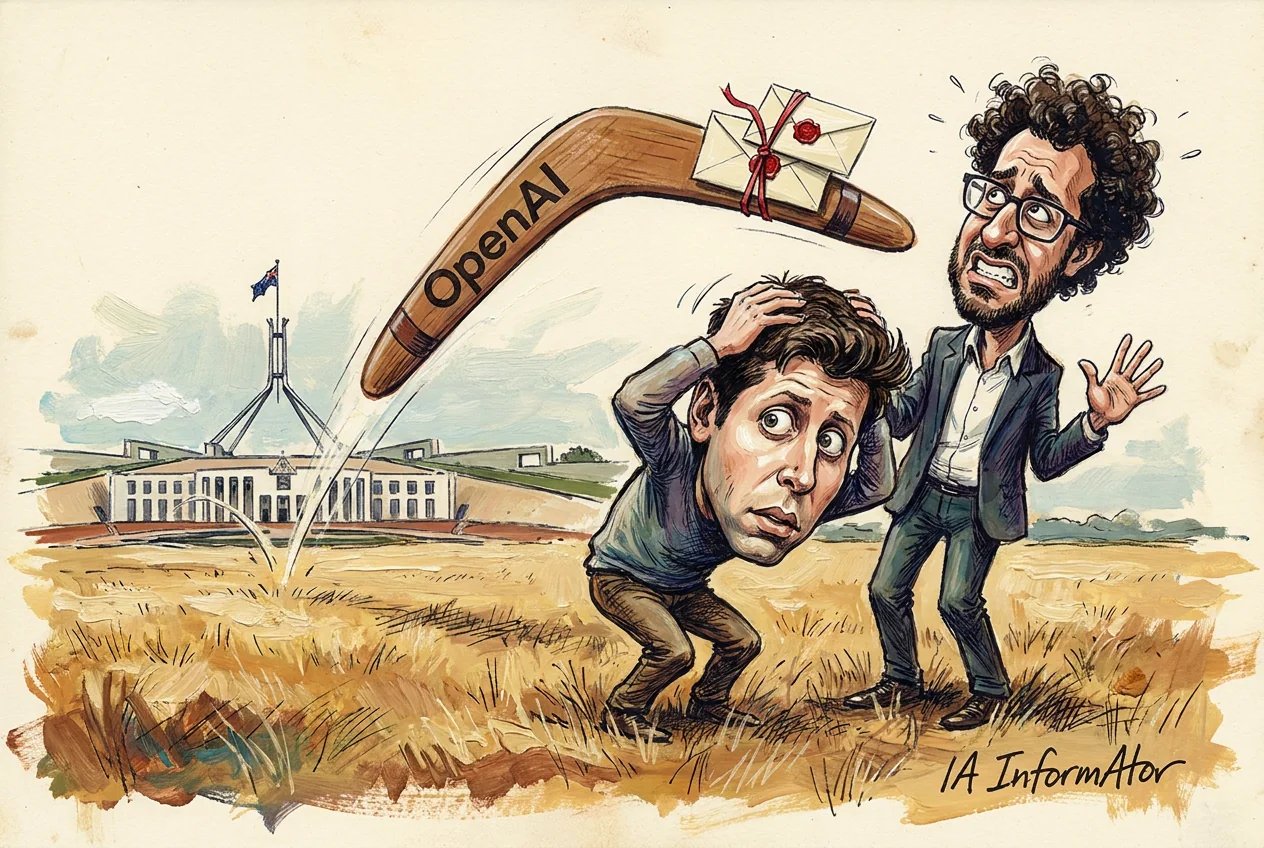 Caricatura: sobre l'herba seca, amb el Parlament de Canberra al fons, torna un bumerang amb la paraula OpenAI i dos sobres lacrats lligats amb cinta vermella; Sam Altman s'ajup tapant-se el cap i Dario Amodei, darrere, el veu venir amb una ganyota i la mà alçada.